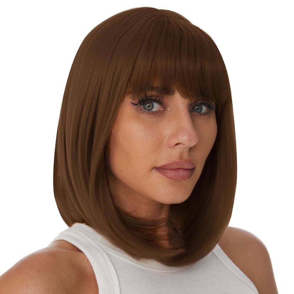 Short Straight Bob Wigs with Air Bangs Honey Brown Wig for Women Shoulder Length